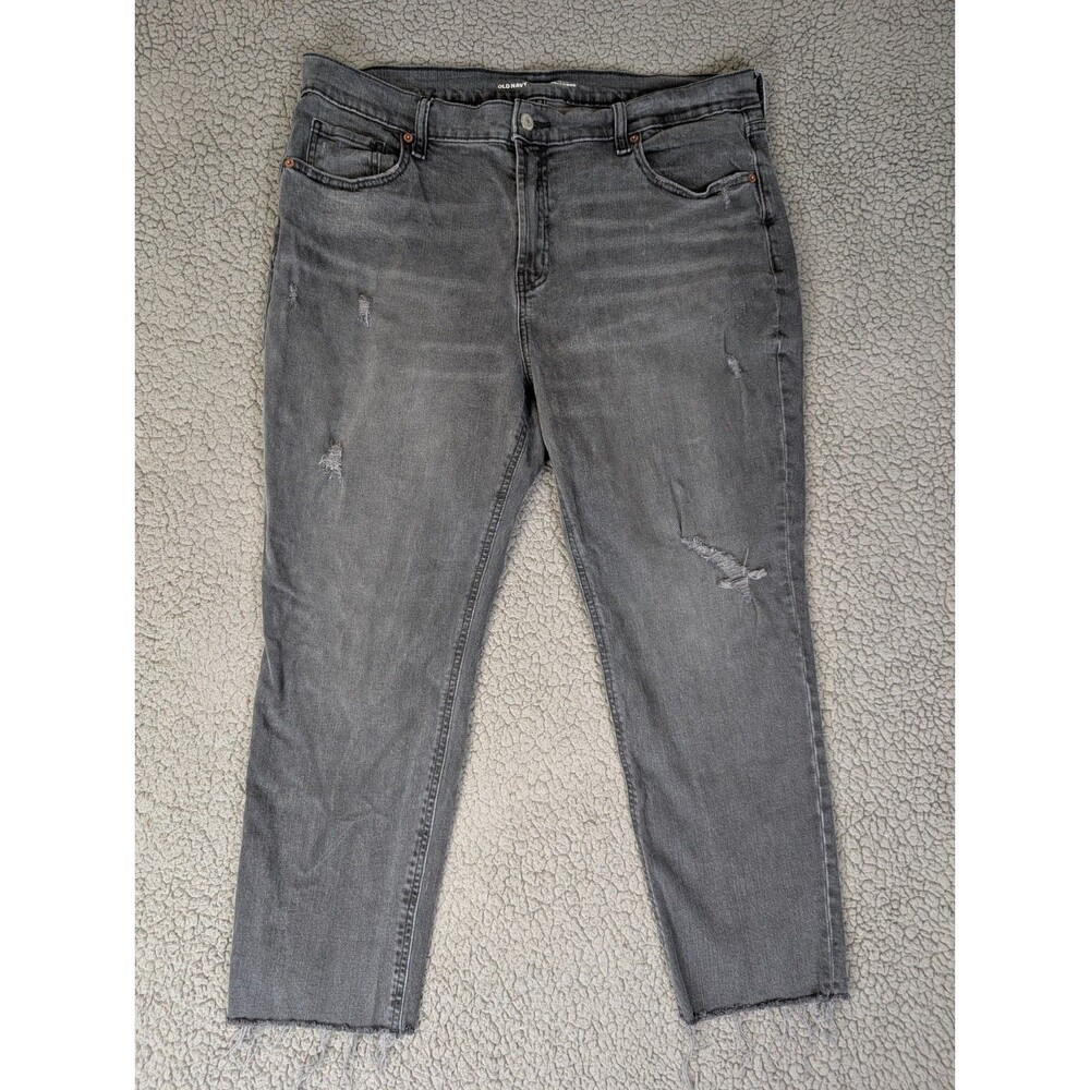 Old Navy Women's Jeans Size 16 Boyfriend Mid Rise Black Distressed Raw Hem